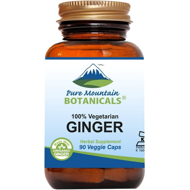 Ginger Root Capsules Kosher Vegan Herbal Supplements Brown Glass Bottle (90 Caps)