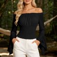 thumbnail image 4 of Women off Shoulder Lace Blouse, Convertible Square Neck Bell Long Sleeve Slim Top, Casual Elegant Shirt for Summer Autumn Dating Daily Outfits Black S(S), 4 of 7