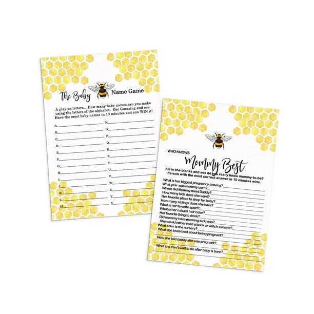 Bumblebee Baby Shower Game Card Bundle 2 in 1 Pack (25 Each) Includes Baby  Name Game - Who Knows Mommy Best Activity - Mama to Bee Yellow and Black -  Paper Clever Party 