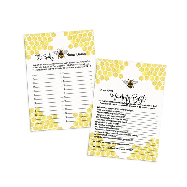 Bumblebee Baby Shower Game Card Bundle 2 in 1 Pack (25 Each) Includes Baby Name Game - Who Knows Mommy Best Activity - Mama to Bee Yellow and Black - Paper Clever Party Bumblebee Baby Shower Game Card Bundle 2 in 1 Pack (25 Each) Includes Baby Name Game - Who Knows Mommy Best Activity - Mama to Bee Yellow and Black - Paper Clever Party