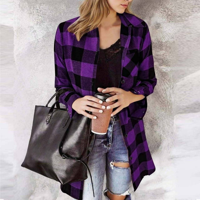Ailaofu Women's Oversized Button Down Long Plaid Shirts Lapel Long Sleeve Check Jacket Shacket
