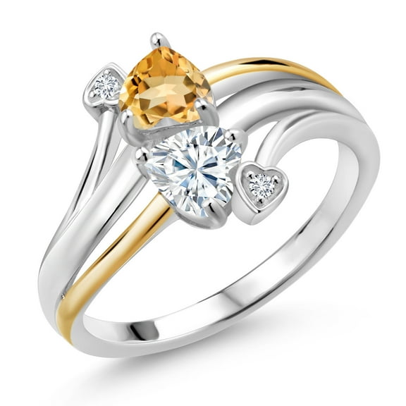 Gem Stone King 925 Sterling Silver and 10K Yellow Gold Citrine Moissanite and Lab Grown Diamond 2 Heart Promise Engagement Mother Ring (0.90 Cttw, Birthstone, Size 9)