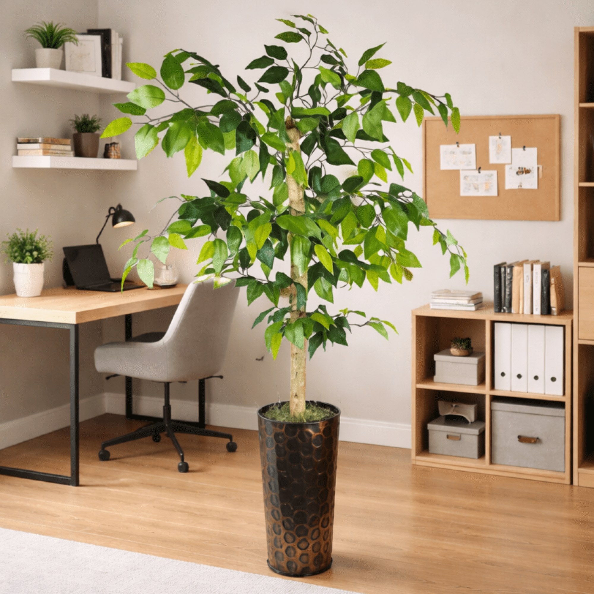Artificial Tree, 5ft Artificial Ficus Tree in a Patterned Copper Pot by LCG Florals, Faux Designer Fake Indoor Tree for Living Room, Office, and Home Décor
