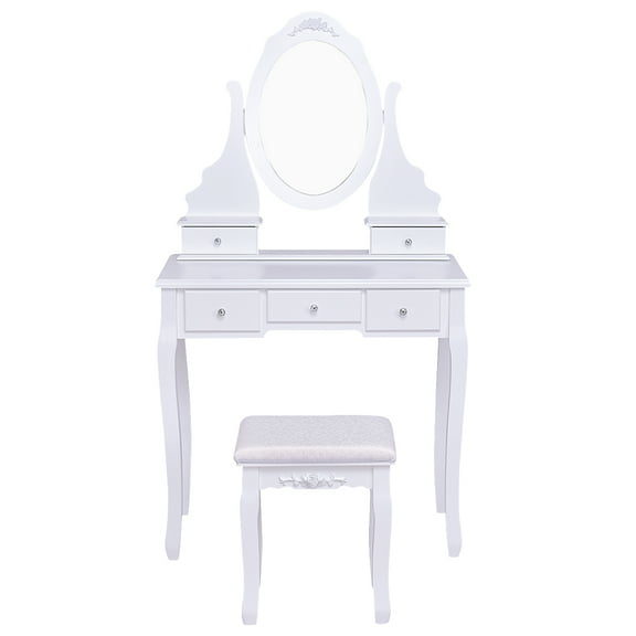 Topbuy Oval Vanity Mirror Dressing Table Beauty Dresser w/ Cushioned Bench White