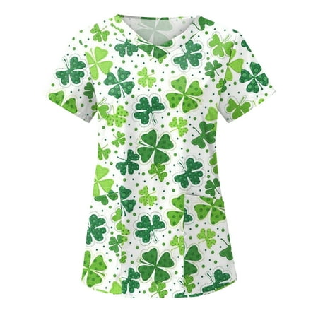 

St. Patricks Day Womens Working Uniform Green Butterfly Scrub Tops Casual Short Sleeve Nurse Medical T Shirts Blouse