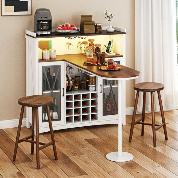 Craftian Bar Table with Power Outlets & LED Light, Bar Cabinet with Wine Storage & Glass Rack, White