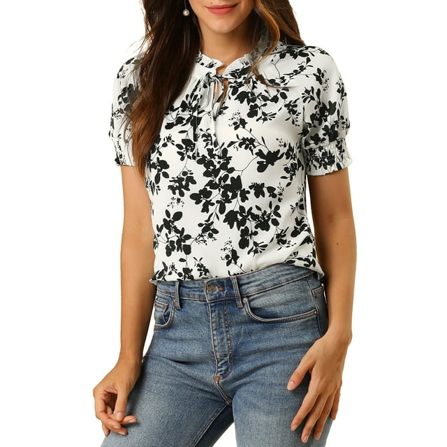 GRACE & GRANDEUR Blouse Florale Décontractée à Manches Courtes pour Femme, à Volants, Col Noué, m Blanc