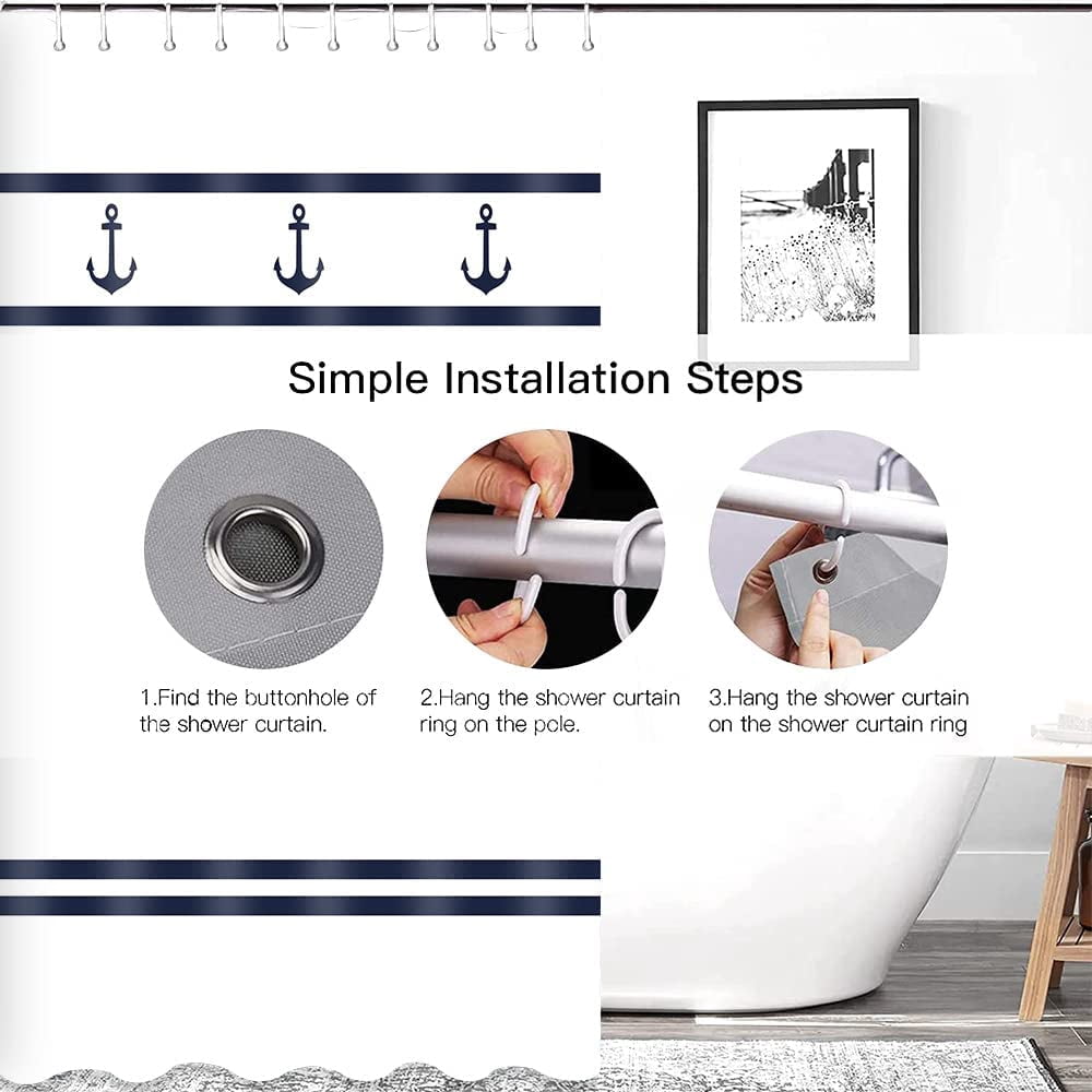 Navy Anchor Shower Curtain Sets for Bathroom, Blue White Striped Shower Curtains, Nautical Themed Bath Curtain Water Resistant, Polyester Fabric,Machine Washable with 12 Hooks 72x72in