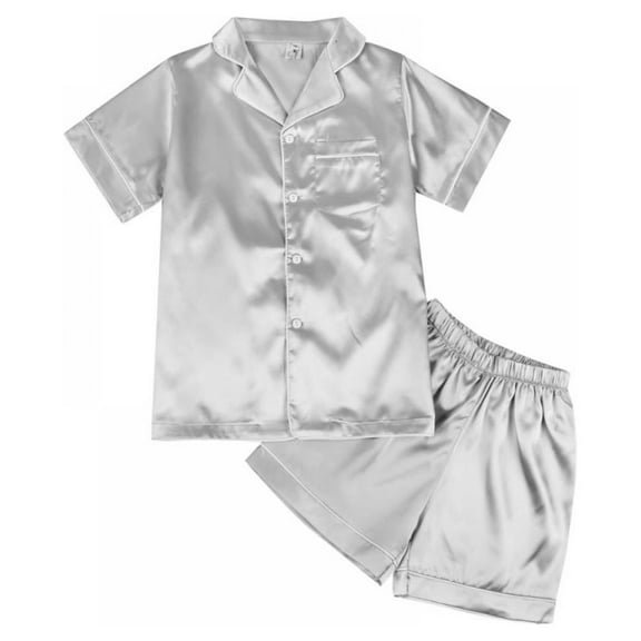 Summer Kids Girl Pure Color Imitate Silk Short Sleeve Blouse Pants Sleepwear Suit,4-10 Years