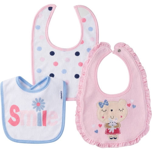 Gerber Newborn Baby Girl Assorted Terry Bibs, 3Pack
