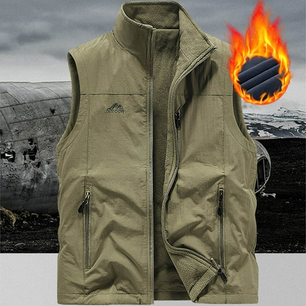 Camiseta sin mangas con cuello alto para hombre, color liso, para exteriores, con múltiples bolsillos, informal, de terciopelo y poliéster.