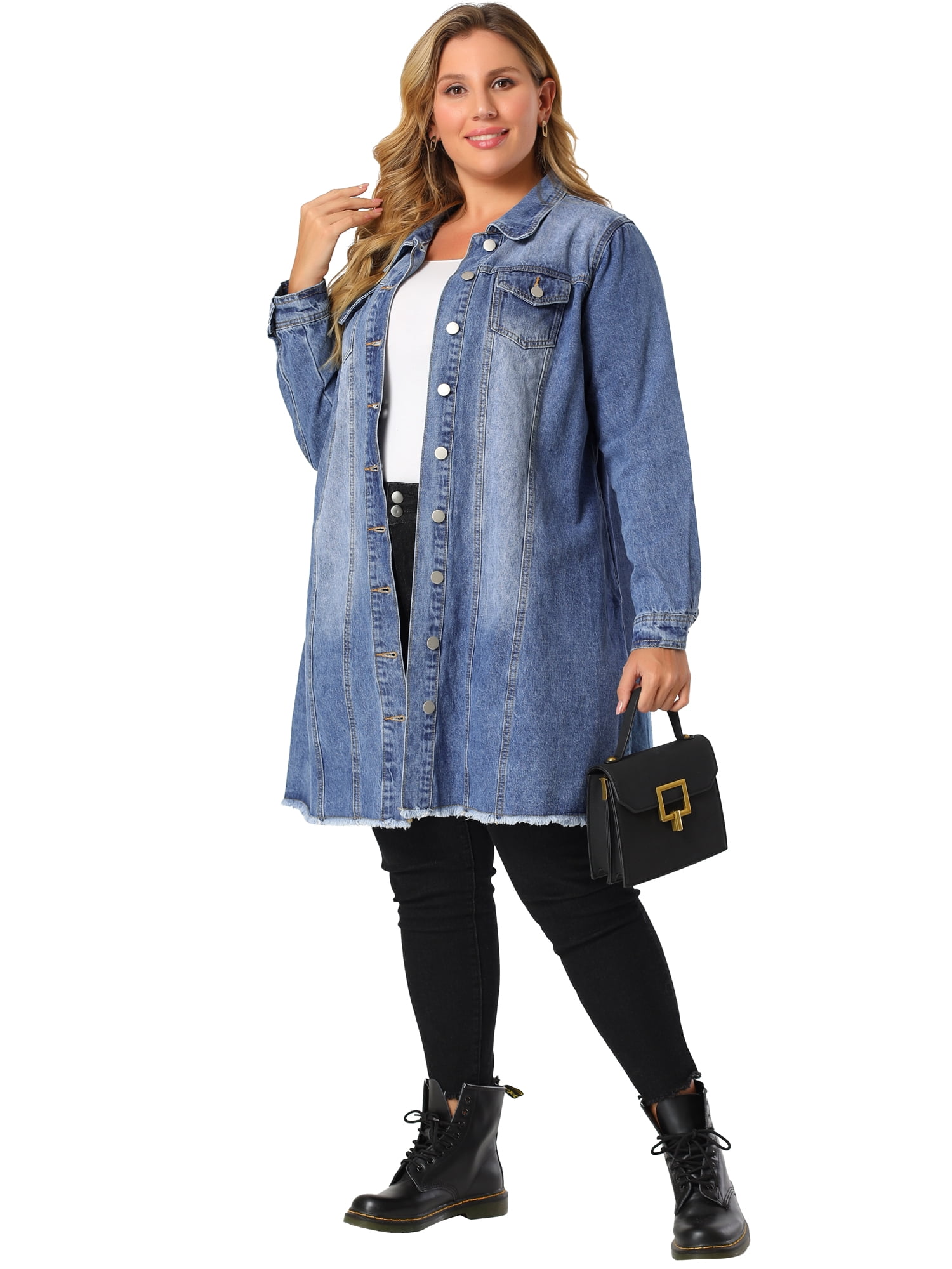 DARING DIVA Women's Plus Size Long Distressed Button Up Denim Jacket 5X Blue