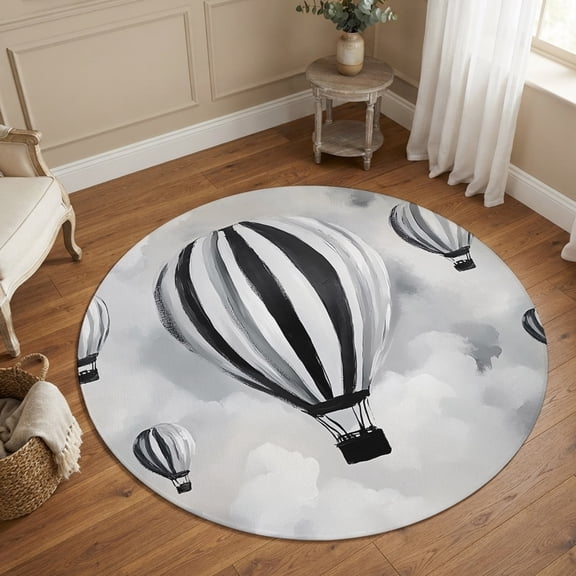 Round Area Rugs 4Ft, Hot Air Balloon Non-Slip Washable Circle Rugs Carpet, Retro Black White Stripes Balloons Simple Art Indoor Outdoor Rug Floor Mats Throw Runner for Bedroom Living Room Bathroom
