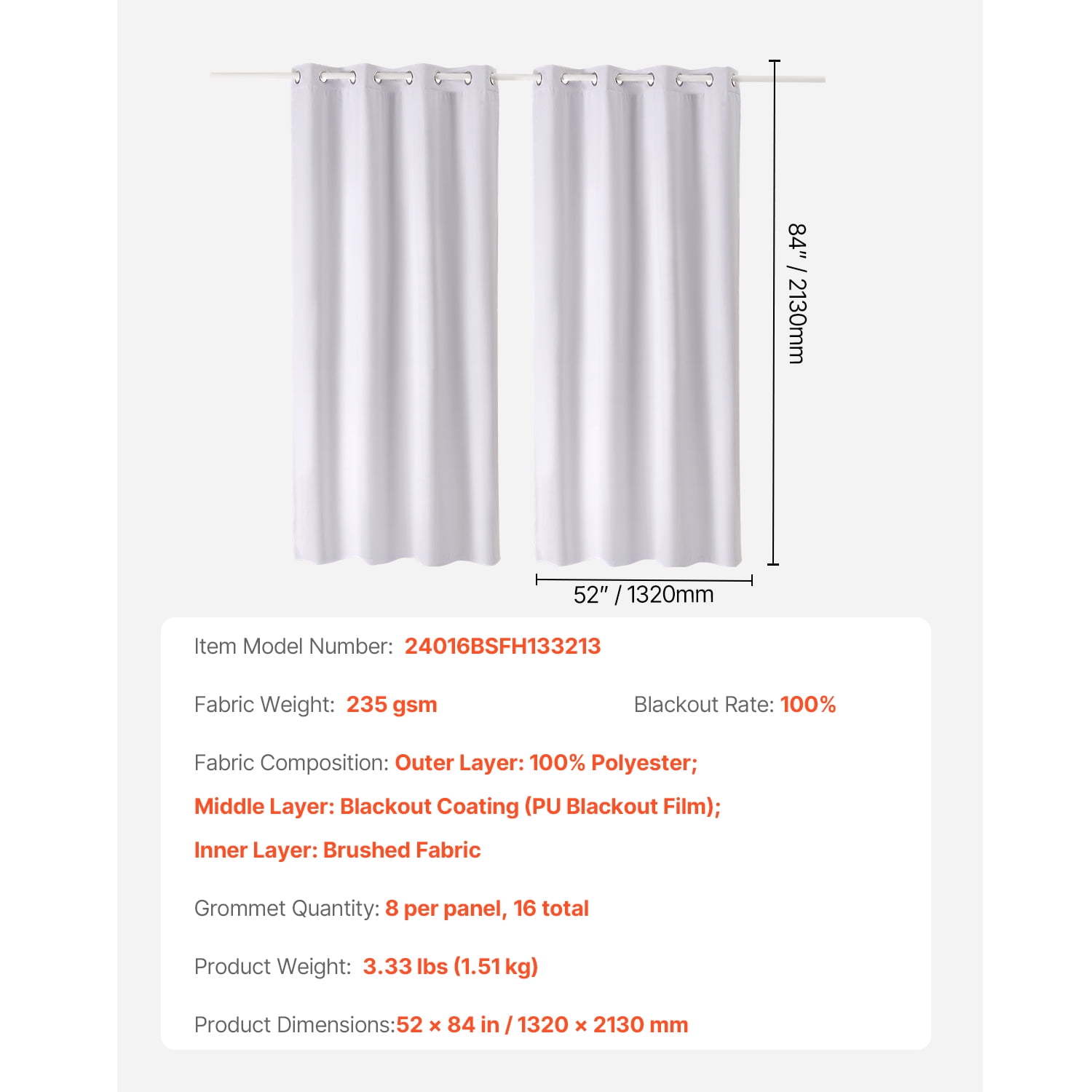 KFFKFF 84-Inch Blackout Curtains, Set of 2 Panels, Each 52 Inches Wide, Thermal Insulated Light-Blocking Drapes, 3-Layer Design with Grommets, Ideal for Bedroom and Living Room Windows, White