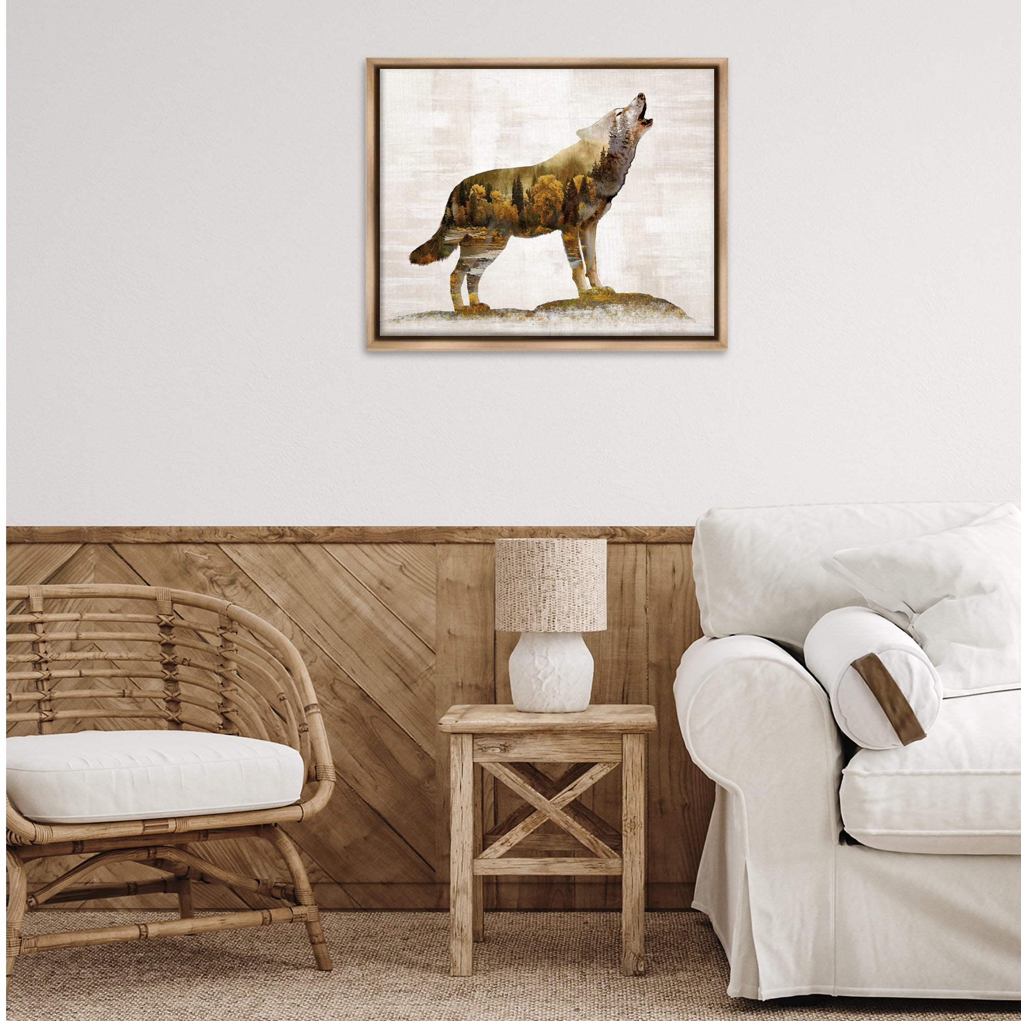 Stupell Industries Forest Pattern Wolf Animals & Insects Painting Brown Floater Framed Art Print Wall Art, 31 x 25