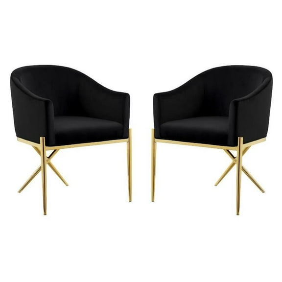 2 Piece Velvet Contemporary Dining Room Arm Chair Set with Gold Metal Legs, Modern Upholstered Black Accent Side Chair for Living Room