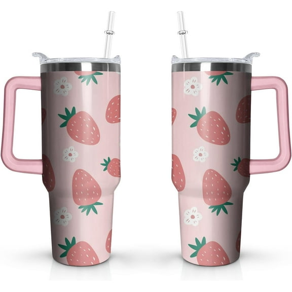 Strawberry Tumbler, Strawberry Cup, Strawberry Mug, Strawberry Water Bottle, Strawberry Themed Gifts, Strawberry Accessories, Birthday Gifts for Women, 40oz Insulated Tumbler with Lid and Straw