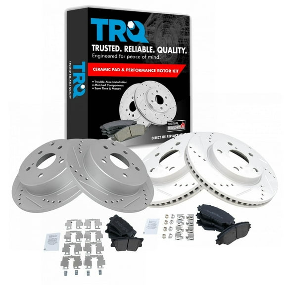 TRQ Front and Rear Performance Brake Pad & Rotor Kit Brake Pads Brake Rotors Set Semi-Metallic Premium G-Coated Fits Select 2010-2012 Lexus HS250h 2006-2018 Toyota RAV4