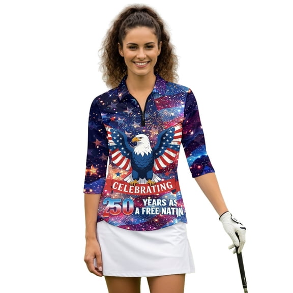 HUIACONG Golf Polo Shirts with Bald Eagle Patriotic Pattern, 3/4 Sleeve Athletic Top for Golf Tennis and Casual Outdoor Activities