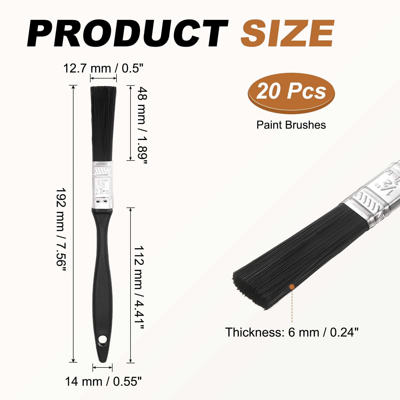 Uxcell 20pcs 0.5" Paint Brushes Nylon Bristle Flat Brush with Plastic Handle, Black