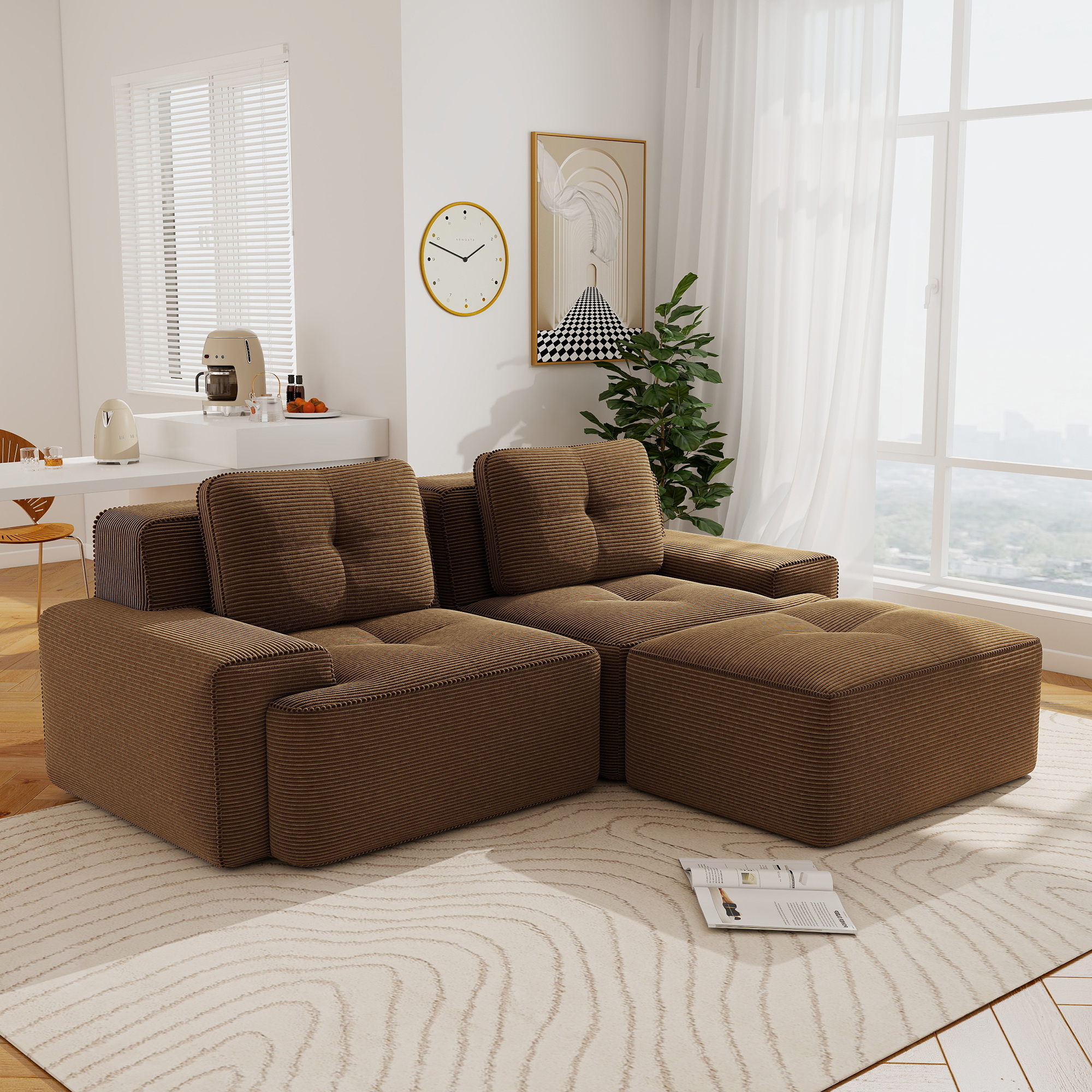 Aukfa 3-Piece Tufted Modular Sectional Sofa with Ottoman, 29.5-in Deep Seat, Corduroy, Brown