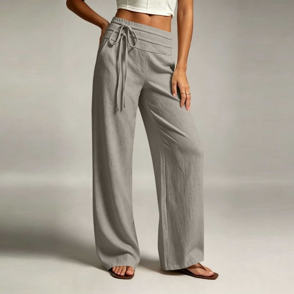 Costeam Womens Linen Feel Wide Leg Pants Double Layer Fold Over Drawstring High Waist Full Length Lightweight Wrinkle Friendly Loose Straight Casual Vacation Trousers