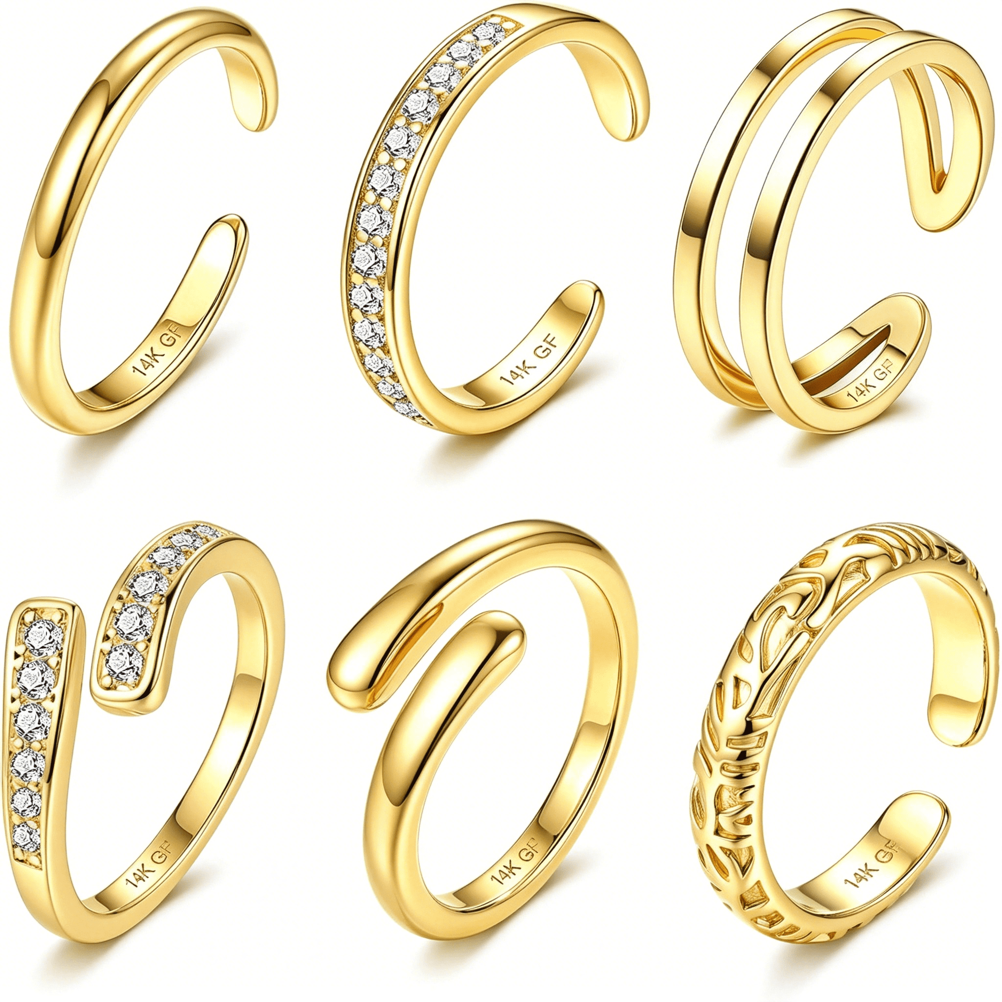 DESIGNICE 6Pcs Toe Rings for Women-14K Gold Filled Toe Ring Non Tarnish Silver Adjustable Simple Open Band Hug Cz Chunky Flower Toe Rings Set Trendy Summer Beach Foot Jewelry for Women