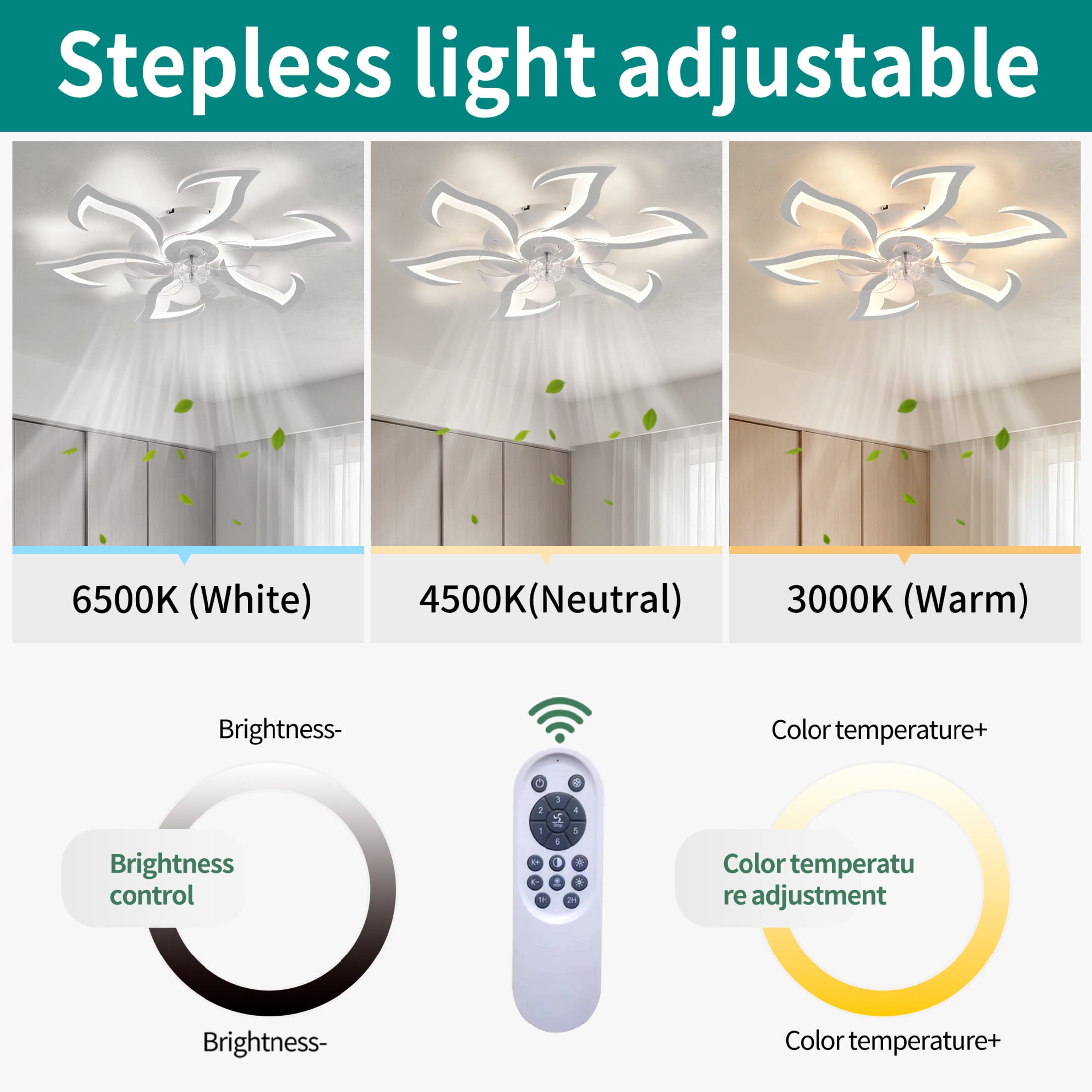 GDF Studio 6-Head Flower Modern Ceiling Fan with LED Lights & Remote Control, Low Profile Flush Mount Fandelier, White