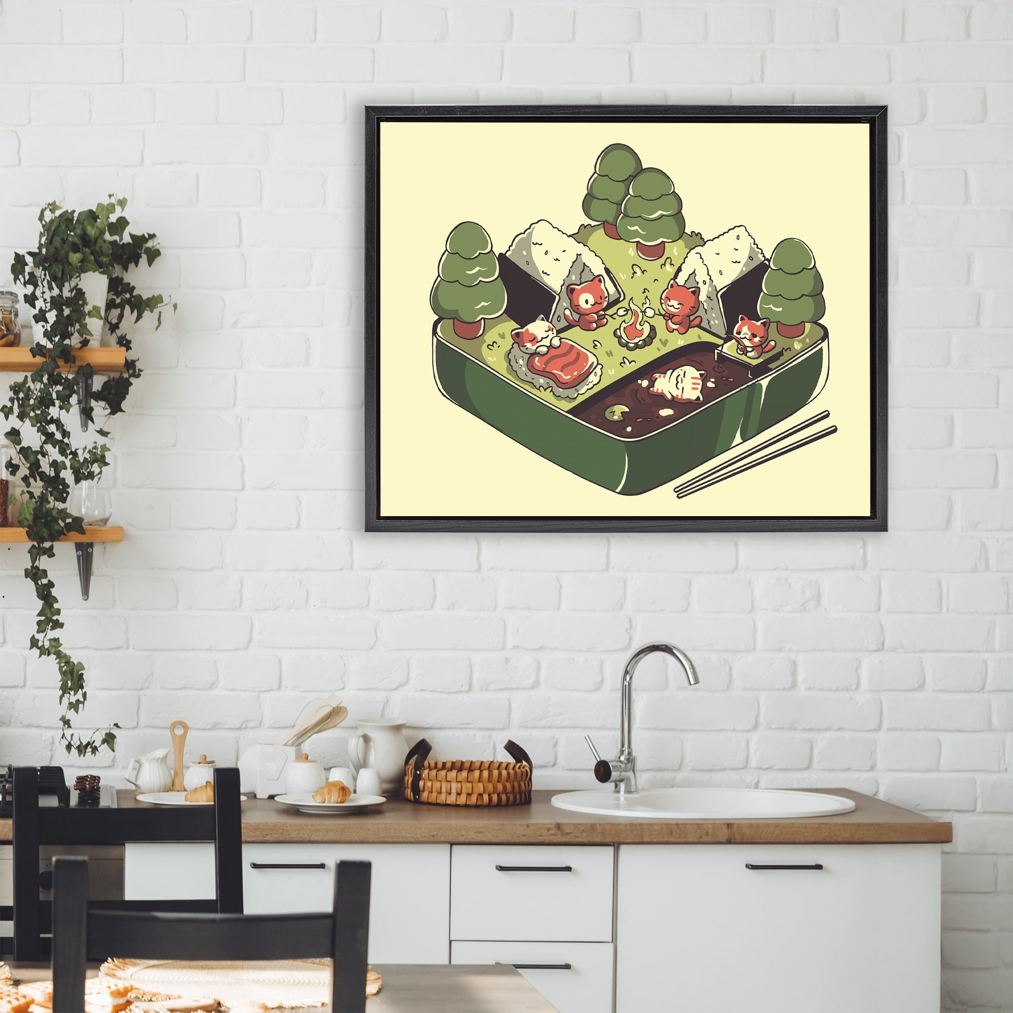Stupell Industries Kawaii Sushi Camp Bento Black Framed Floater Canvas Wall Art, design by Tobe Fonseca