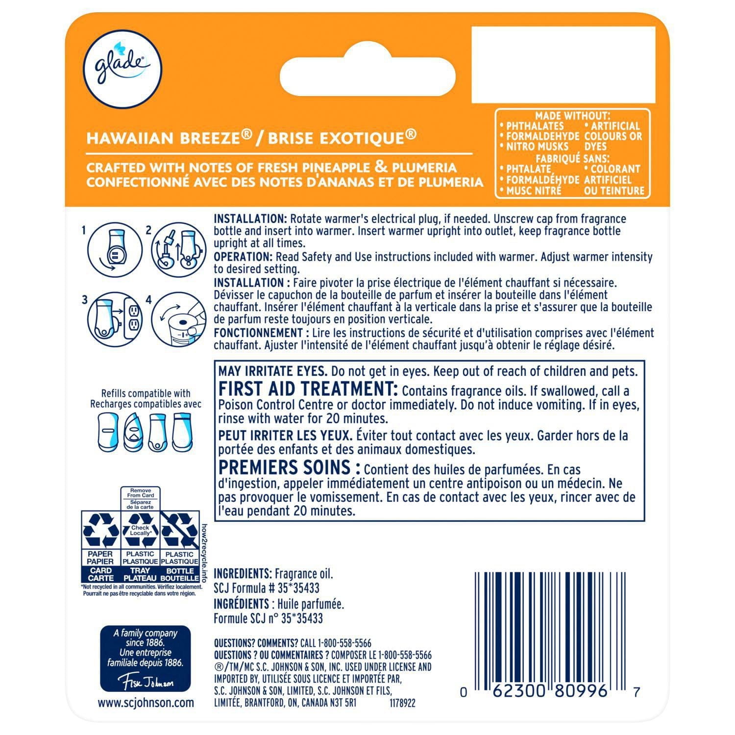 Glade Plugins® Air Freshener Oil Refill, Hawaiian Breeze, 2 Refills