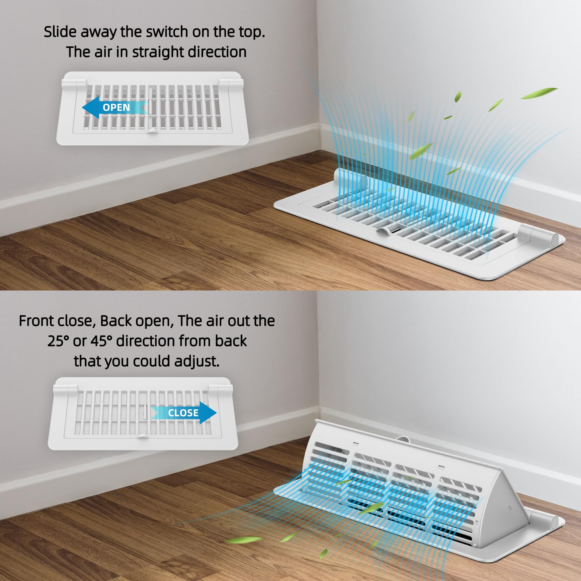 2Pack 2-in-1 Vent Deflectors & Floor Vent Covers, Adjustable Floor Register 4x10, Air Vent Deflector for Home Floor, Office, Ceiling, Tool-Free Install-White
