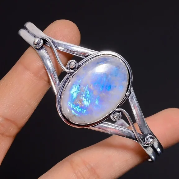 Natural Moonstone Gemstone 925 Sterling Silver Jewelry Cuff Bracelet Size-ADJ