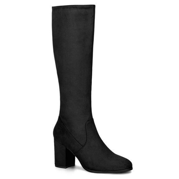BLISSFUL STEP Valentine's Women's Knee High Boots Side Zipper Faux Suede Block Chunky Heels Black 7