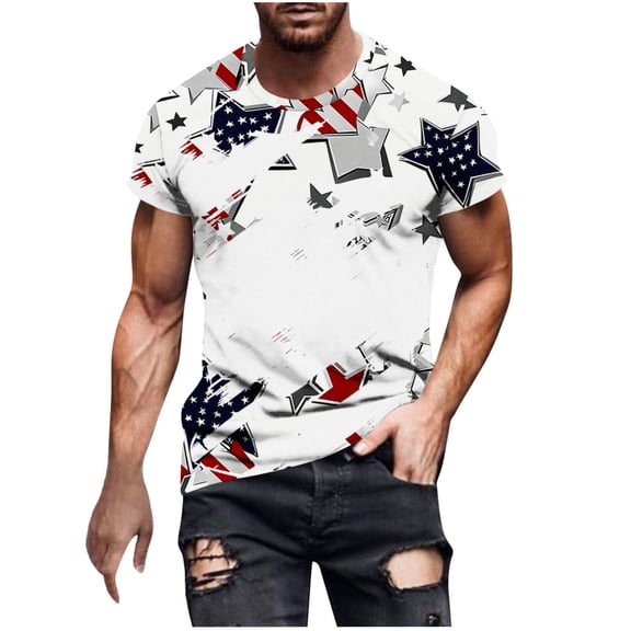 Big & Tall Patriotic Tshirts Short Sleeve Summer Stars Crewneck July 4th Graphic Tees Independence Day Light Blue, M