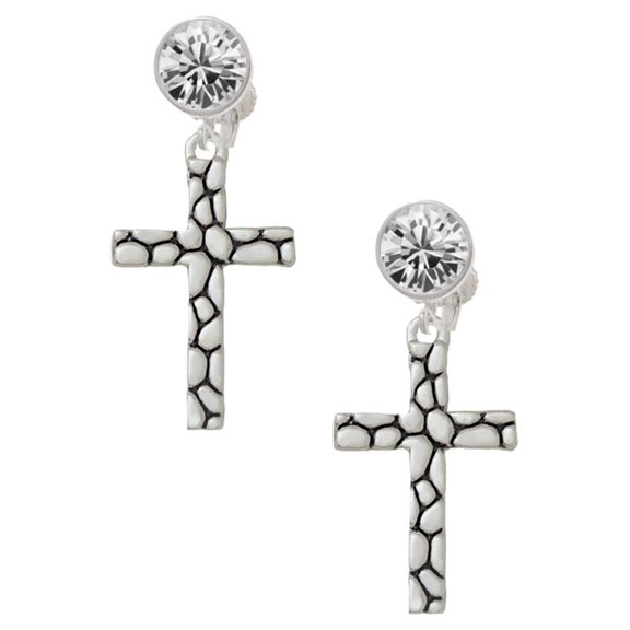 Silvertone Pebble Cross Clear Crystal Clip On Earrings