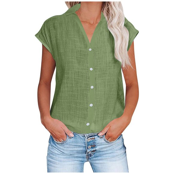 SROBPTY Womens Summer Shirts, Women's Fashion Solid Button Shirt Female-Neck Loose T-shirt Blouse Green, M