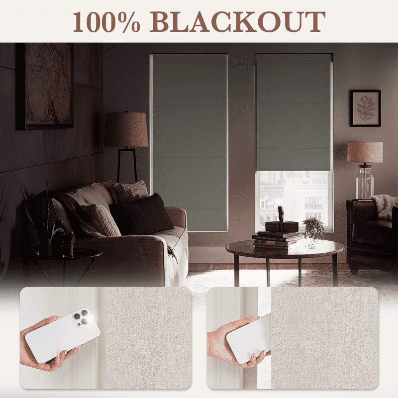 NICETOWN No Drill Blinds for Windows, 100% Blackout Roman Shades Linen Texture Privacy Thermal Insulated Door Curtain for Bedroom Living Room, Natural, 24"x64", 1 Panel