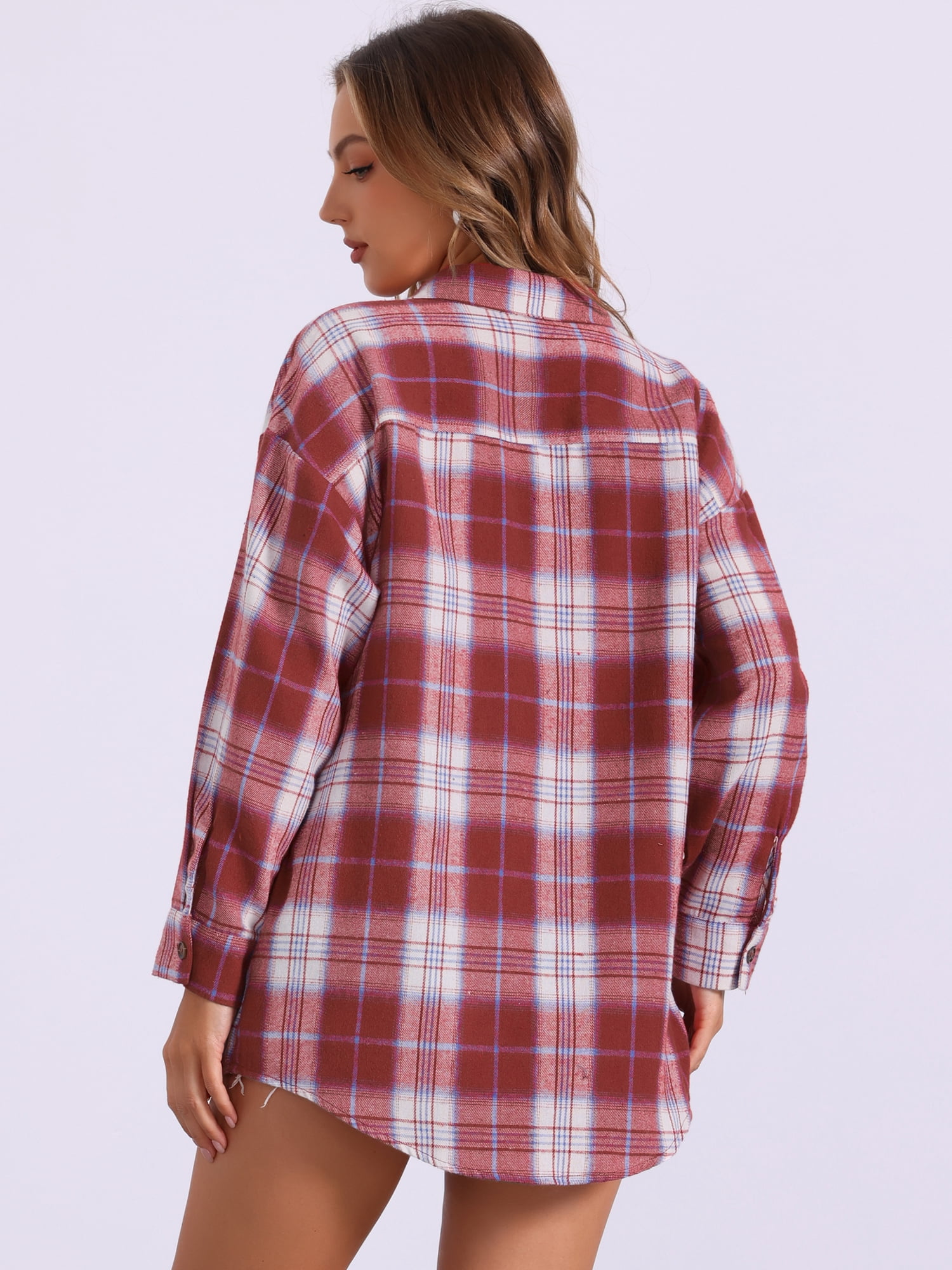 DARING DIVA Women's Long Sleeve Plaid Button Down Shirt Blouse Top S Dark Red