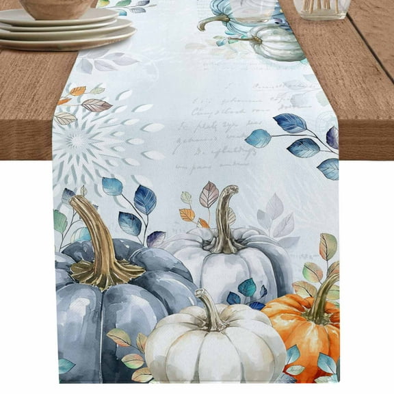 Thanksgiving Table Runner 90 Inches Long for Dining Table Decor,Autumn Blue White Orange Pumpkin Eucalyptus Burlap Linen Farmhouse Table Runner Coffee Table Runners Dresser for Kitchen Party Holiday