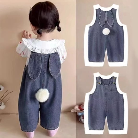 Boys & Girls Easter Denim Overall Pants Bunny Ear Romper with Pom Pom Tail Color Blue Size 5-6 Years