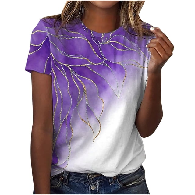 Hauts Tuniques pour Femmes Coupe Ample Chic Col Rond Manches Courtes Pli Régulier Blouse Imprimée T-shirt Hauts d'Été pour Femmes