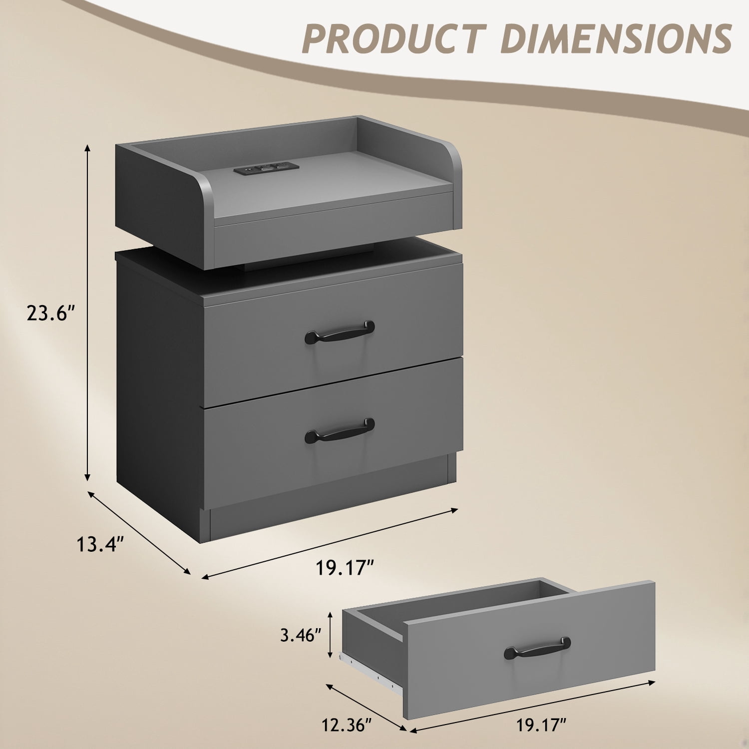 4 EVER WINNER Nightstand with Charging Station, LED Night Stand with 2 Drawers, Modern Beside End Table Side Table for Bedroom Living, Gray