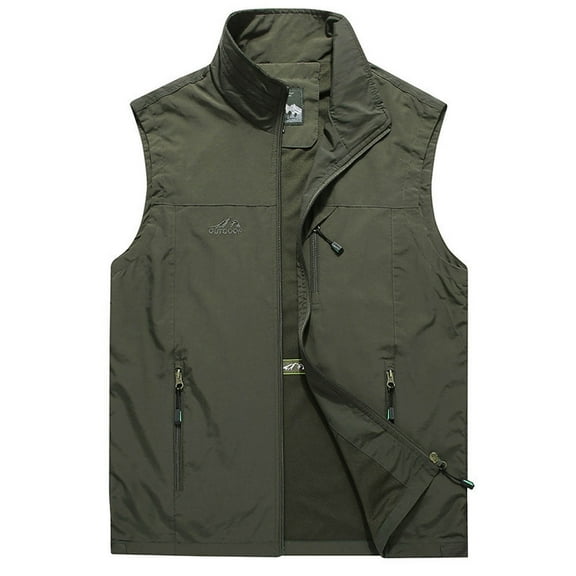 Atogsazn Men Casual Zipper Jacket Loose Stand Collar Sleeveless Muti Pockets Tank Top for Men Solid Color Coat 01-Army Green L
