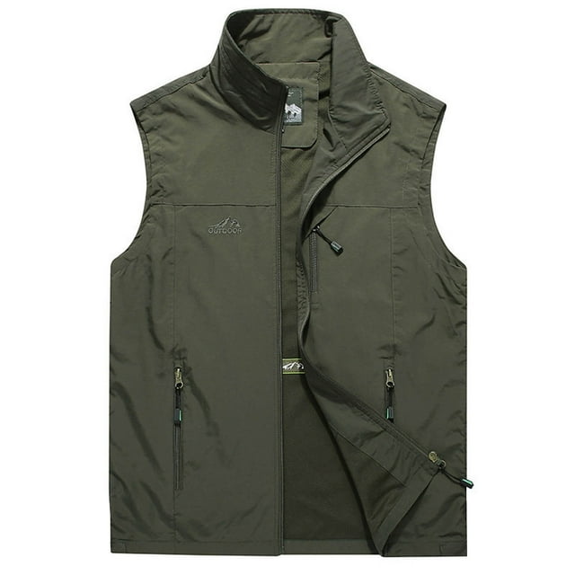 DPTALR Men's Work Clothes Jacket Solid Color Stand Collar Multiple Pockets Outdoor Sports Photography Leisure Vest Coat