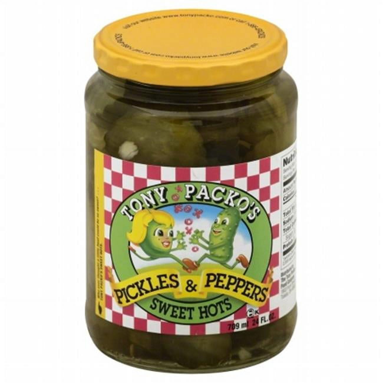 (4 pack) Tony Packo Sweet Hot Pickles and Peppers, 24 Ounce Glass Jar, Kosher Certified, Serving Size 2 Chunks