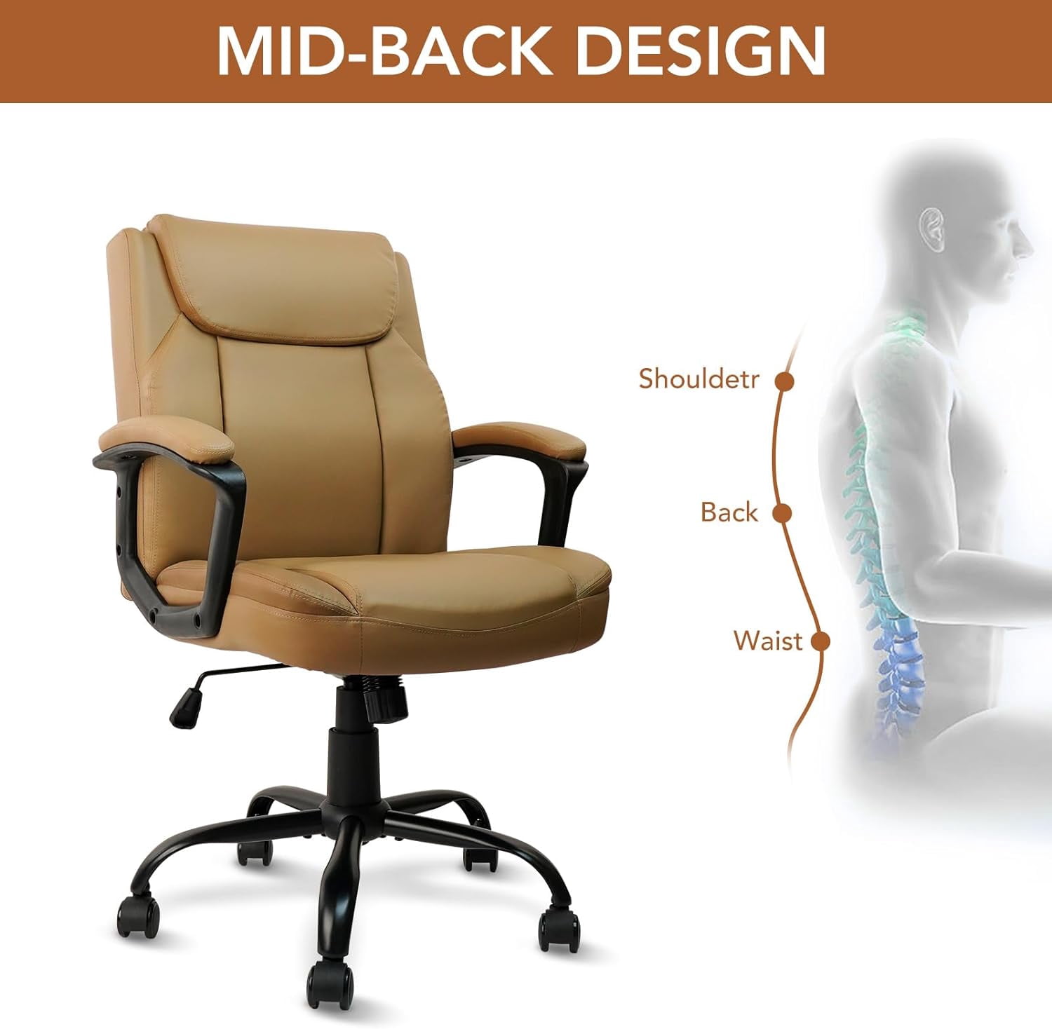 CLATINA Brown Office Chair Computer Chair PU Leather Executive Office Chair Swivel Adjustable Height Chair with Upholstery Fixed armrest Mid-Back Leather Thick Cushion Office Chair Brown 2Pack