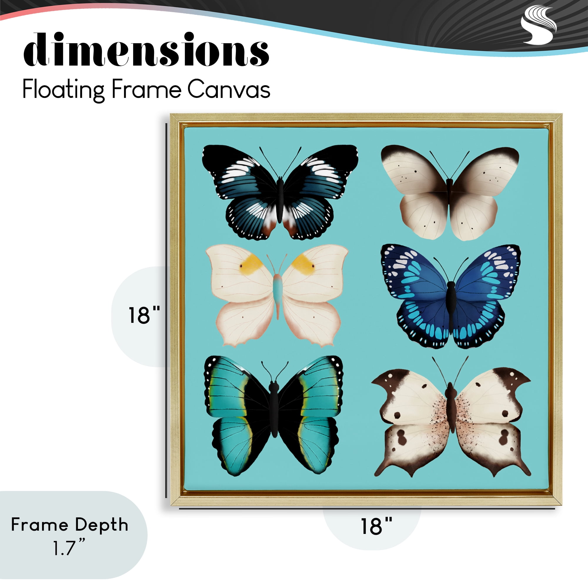 Stupell Industries Six Diverse Butterflies on Turquoise Gold Framed Floater Canvas Wall Art, design by Metka Hiti