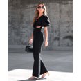 thumbnail image 5 of Mono de mezclilla para mujer, ropa de calle informal, cuello en V, manga corta abullonada, recorte con bolsillos, pantalones vaqueros sueltos de piernas anchas, 5 of 5