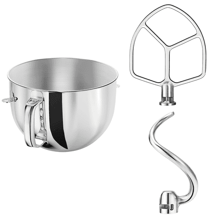 6QT Stainless Steel Mixing Bowl, Flat Beater & Dough Hook 3-Piece Set for KitchenAid 5-6QT Bowl-Lift Stand Mixers, Heavy Duty, Dishwasher Safe, Compatible with Professional 600 Series, KSM5, KV25