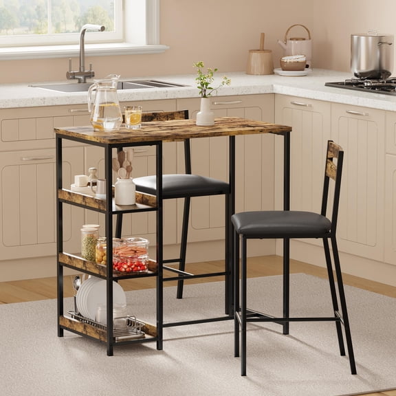 3 Piece Dining Table Set for 2, Counter Height Bar Table Set with 3 Storage Shelves, Kitchen Table with 2 Upholstered Chairs for Living Room, Black
